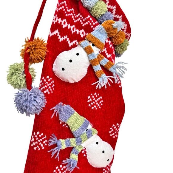 Knit Red Christmas Holiday Stocking Snowmen & Tassles. - Picture 4 of 7